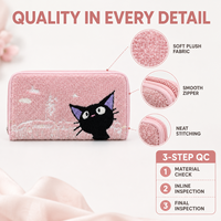 Dompet Wanita Motif Kucing Bordir Chenille, Resleting, Bahan Lembut, Lucu, Warna Pink, Dompet Kartu dan Uang Koin