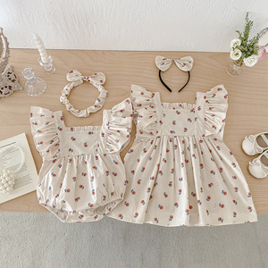 Conjunto de Macacão e Faixa de Cabelo para Bebê Menina Sisters Summer, Vestido Infantil Estampado Fino, Roupas Doces para Crianças - Product Image 4