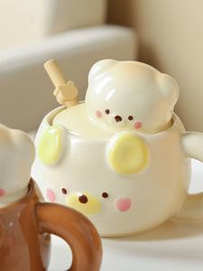 Taza de cerámica de oso acogedor con tapa, pajita y platillo, taza de café con diseño de Animal bonito para mujeres y niñas, regalo para parejas - Product Image 2