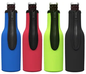 Lengan pendingin botol bir Neoprene dengan ritsleting sublimasi polos isolasi termal tas Tempat bir untuk Bar pesta Dapat pendingin