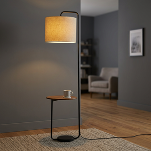 Lámpara de Pie Moderna de Madera con Estante Lateral, Lámpara LED con Pantalla de Tela para Sala de Estar o Dormitorio - Product Image 2
