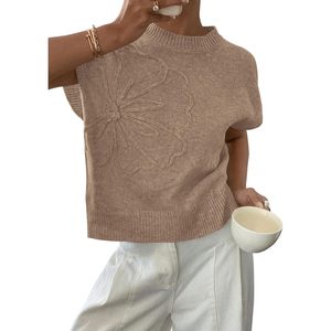 FOXA Chaleco de punto para mujer, manga corta, bordado de flores, ropa de abrigo para primavera y verano - Product Image 1