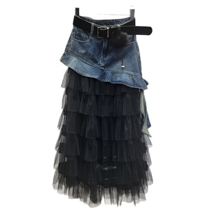 Z8835-Gonna Lunga Vintage in Denim con Volant e Patchwork Irregolare in Rete per Donne, Vita Alta, Linea A, a Strati - Product Image 5