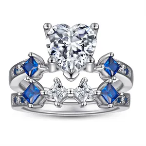 Blue And White Sapphire Heart Solitaire Women Ring Set 925 Sterling Silver Princess-Cut blue CZ Zircon Three Stone Ring