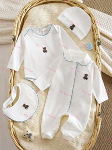 Conjunto de <span class=keywords><strong>Pijama</strong></span> y Gorro de <span class=keywords><strong>Hospital</strong></span> para Bebé Recién Nacido con Cuello Peter Pan, Bordado Personalizado, 100% Algodón Peinado, Mameluco Blanco para Dormir - Product Image 3