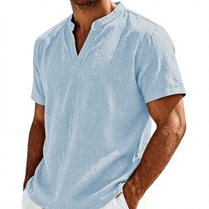 Men's Henley <b>Shirt</b> 100% French Linen Single Button 140g Breathable Stand Collar Outdoor Short Sleeve Casual Comfortable Summer - Product Image 5