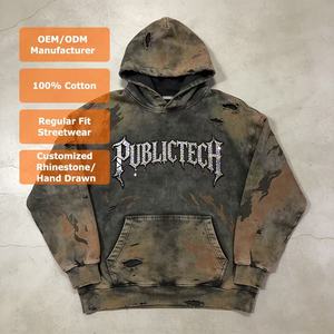 Fabricante OEM de Ropa, Sudadera Personalizada de 460 g/m², 100% Algodón, Corte Cuadrado, con Pedrería, Diseño a Mano, Lavado Ácido, Estilo Desgastado, para Hombre - Product Image 1