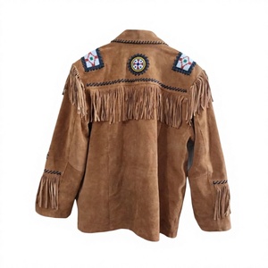 Men's Vintage Cowhide <b>Suede</b> Fringe <b>Leather</b> <b>Jacket</b> with Native Eagle Beadwork Turn-down Collar Autumn Season Hand Embroidery - Product Image 2
