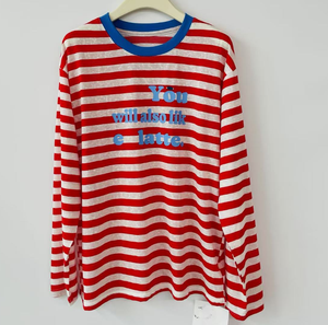 T-shirt à manches longues rayé <span class=keywords><strong>rouge</strong></span> et <span class=keywords><strong>blanc</strong></span> pour <span class=keywords><strong>femme</strong></span>, col <span class=keywords><strong>bleu</strong></span> avec imprimé lettres, haut décontracté - Product Image 6