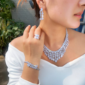 الفضة مطلي مكعب زركونيا النيجيري الزفاف لونغ ليف مجوهرات شرابة مجموعة حلقة قلادة أقراط سوار للعرائس - Product Image 5