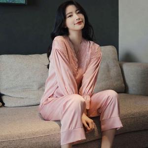 Conjunto de Pijama de Manga Larga con Encaje Dulce para Verano 2026, Pijama de Seda Satén Blanca con Cuello en V para Mujer - Product Image 5