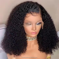 Perruque Lace Frontale 13*4 Cheveux Remy Africains pour Femmes, Bouclés Crépus, Densité 180%, Cheveux Mi-Longs Volumineux, Dentelle Transparente, Couleur Noire, 16 Pouces