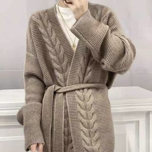 Suéter de lana 100% grueso de siete agujas para <span class=keywords><strong>mujer</strong></span>, personalizado, informal, antiarrugas, de longitud media, sin botones, holgado y de punto largo. - Product Image 5