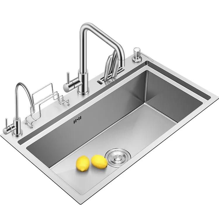 Single kitchen dish washing basin manual large dishwashing basin 304 stainless steel nano sink with knife rest