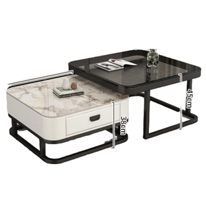 Table basse moderne et écologique avec plateau en verre durable, tiroir de rangement, structure en métal, meubles de salon, hauteur 38 cm - Product Image 1