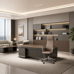 Ensemble de bureau de direction en forme de L en bois, bureau de patron avec table latérale, armoire LED, chaise de bureau - Product Image 2