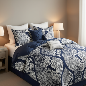 Ensemble de housse de couette 6 pièces, imprimé bleu marine et blanc, motif damassé, literie, décoration de chambre - Product Image 2