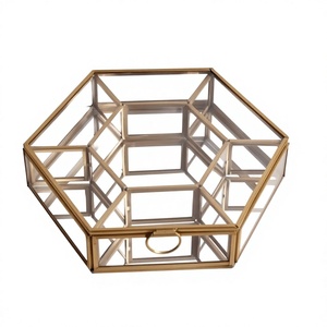 Modern Engraved Brass & Glass Jewelry <b>Box</b> with Octagonal Top Customizable Design Magnetic Closure High Quality Handmade Florals - Product Image 1