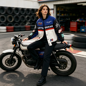 Chaqueta Urbana de Moda Hip Hop Racing, Chaqueta Varsity de Motociclismo, Personalizable con Parches de Carreras, Chaqueta de Cuero PU Resistente de Alta Calidad para Carreras - Product Image 3