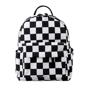 새로운 판매 화이트 작은 schoolbag 흑백 체크 무늬 패턴 인쇄 배낭