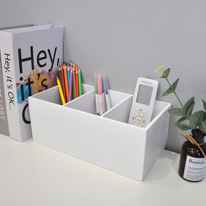 Caja de almacenamiento de bambú con tres compartimentos, organizador de escritorio blanco con divisiones para papelería y cosméticos - Product Image 1