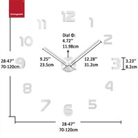 70-120CM Große DIY Quarz Analog Wanduhr Silber Acrylspiegel Aufkleber Geräuschlos Schleichende Zeiger Rahmenlos Vollständige Ziffern Kunst-Uhr