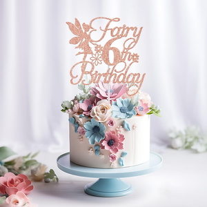 Fairy 6th Birthday Cake Topper Girls Sexto cumpleaños Fiesta Decoraciones Floral Fairy Rose Gold Glitter Birthday Cake Decor - Product Image 2