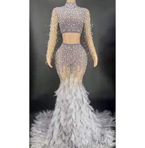 croptop gaun panjang Suppliers-2022 Baru Pakaian Leher Tinggi Gaun Bodycon Wanita Elegan Panjang Berlian Imitasi Dua Potong Pakaian Putri Duyung Bulu Gaun Malam