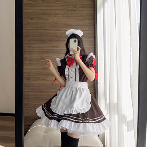 Maid Outfit Cosplay Costume Brown White Red Bow Apron Anime Role Play Game Dress Up Costume Women's Adult Size - Product Image 3