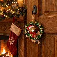 Ensemble de 3 ornements de couronne de Noël avec ours en peluche suspendu pour la décoration de la maison pendant les fêtes, pendentif chapeau de Père Noël et écharpe rouge