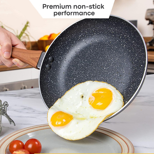 High Quality Modern Ceramic Marble Coated Pots <b>Pans</b> Wooden Soft Touch Handle 5-Piece Aluminum Cookware <b>Set</b> Glass Cover - Product Image 5