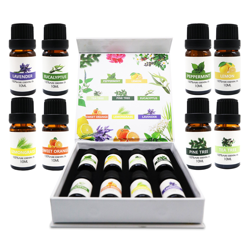 Set regalo di oli essenziali per aromaterapia biologica (Top 8), puro al 100%-menta piperita, lavanda, eucalipto, Tea Tree, citronella,