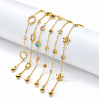 PVD Gold Plated Rolo Chain Women Bracelet, 5-Petal Flower & Hollow Ring CZ Charms Daily Elegant Wrist Jewelry Bulk Wholesale