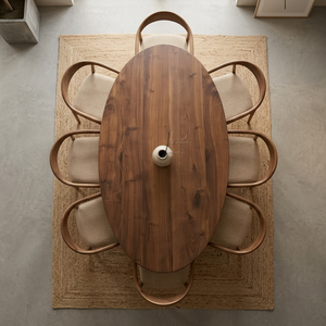 Ensemble de salle à manger en teck brun moyen, table ovale moderne avec chaises courbées - Product Image 2