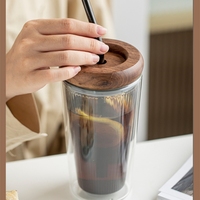 Gobelet en verre borosilicate à double paroi isolé avec paille et couvercle en bois - 500 ml, compatible lave-vaisselle et micro-ondes, cadeau haut de gamme pour la maison