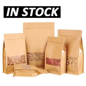 Bolsa de fondo plano de papel Kraft marrón a prueba de olores ecológica con cierre de cremallera almacenamiento de alimentos Doypack bolsa de embalaje con ventana transparente