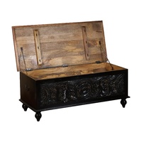 Coffre de rangement en bois sculpté à la main, finition noire et noyer, banc d'entrée au design Mandala