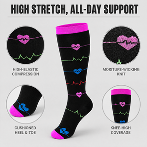 Chaussettes de compression hautes pour hommes, motif jacquard coloré cœur ECG, 20-30 mmHg, bas de compression sportifs, personnalisables OEM - Product Image 4