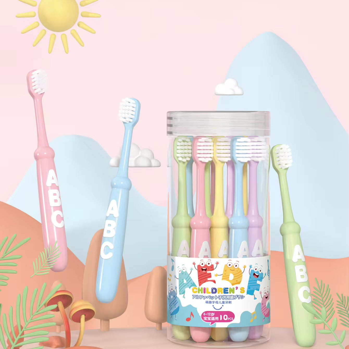 Baby Letter Character 10pcs Toothbrush 6-12 Yrs Oem 0.15mm Dentes Limpeza de Cerdas Macias Kid Brush Uso Doméstico Para Gum Care In Barrel