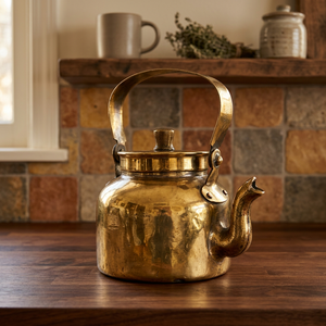 Bouilloire à thé vintage en laiton avec couvercle et poignée en métal - Product Image 6