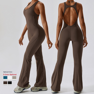 レディース ヨガパッド入り ブラ一体型 ロンパース ジャンプスーツ ワークアウト ジム レギンス スポーツ リブ フレアプレイスーツ ガールズ コンジュント パンツ ボディスーツ - Product Image 2