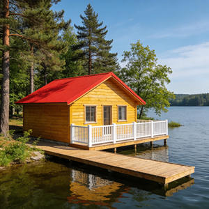 Chalet en bois préfabriqué pour complexe hôtelier en bord de lac, chalet écologique en bois avec cuisine ouverte et plafond voûté - Product Image 2