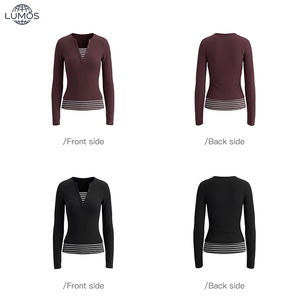 Ensemble <span class=keywords><strong>pull</strong></span> décontracté coréen deux pièces en gros – Haut tricoté simple à <span class=keywords><strong>col</strong></span> en <span class=keywords><strong>V</strong></span> et manches longues, rayé, avec logo personnalisé pour l'automne - Product Image 2