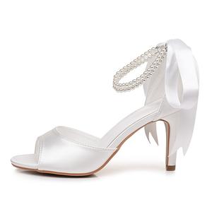 8cm Peep-Toe tacón fino marfil blanco satén con cuentas cinta zapatos de boda para novia - Product Image 5