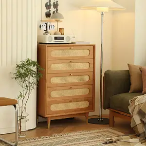 All Solid Wood Cherry Wood Rattan Chest Of Drawers Sofa Side Cabinet Simple Japanese Black Walnut Storage Locker