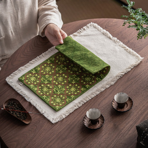 Alfombrilla de algodón y lino de estilo chino, verde, bordada, con aislamiento térmico, para ceremonia del té, lavable, origen Dehua - Product Image 4