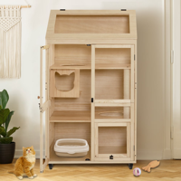 Villa pour chat multi-niveaux en bois haut de gamme avec toit ouvrant, portes de sécurité verrouillables, roulettes et sorties multiples, étanche