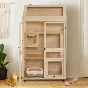 Villa pour chat multi-niveaux en bois de qualité supérieure, avec toit ouvrant, portes de sécurité verrouillables, roulettes et protection imperméable pour intérieur - Product Image 2