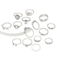 Cincin Jari Kristal Bentuk Hati 15PCS/Set, Cincin Daun Tetesan Air Berlian untuk Wanita dan Remaja Putri