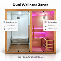 Sauna intérieur moderne PLOUTARA en bois massif, double zone, combinaison sauna sec et hammam, cabine de sauna sèche, douche vapeur humide, portes en verre, OEM, hôtel, spa